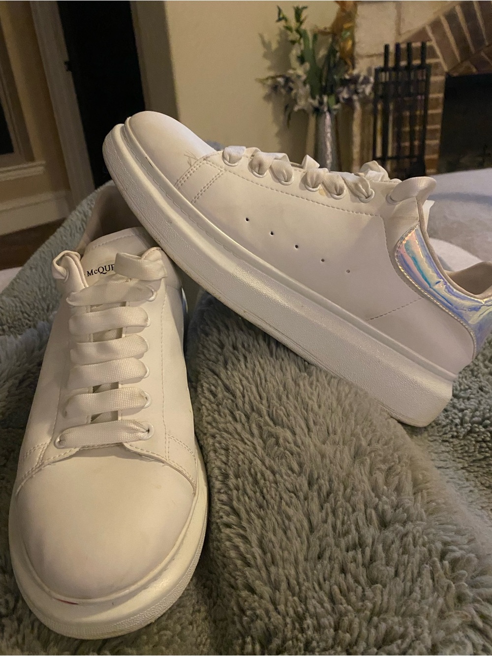 Alexander McQueen White Leather Sneakers with Iridescent Heel Tab. 12” long